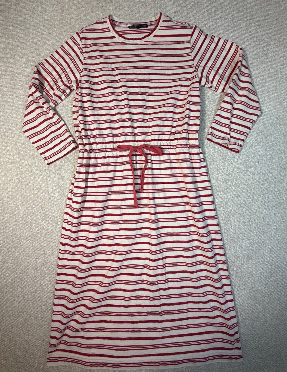 J Peterman Co Women Med Red White Stripe Long Sleeve Coastal Casual Midi Dress